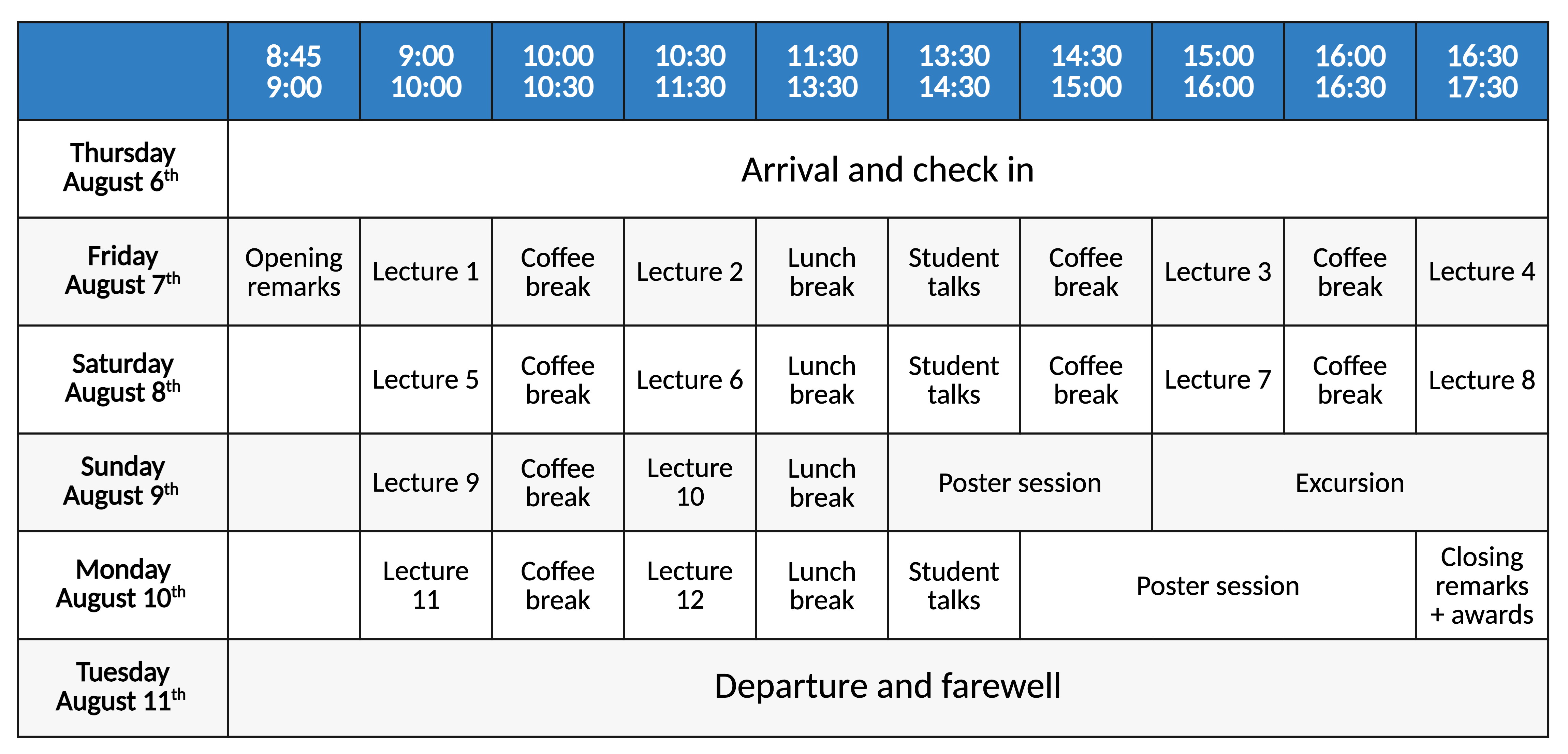 Preliminary program schedule for the Erice Summer School, August 6–11 2026